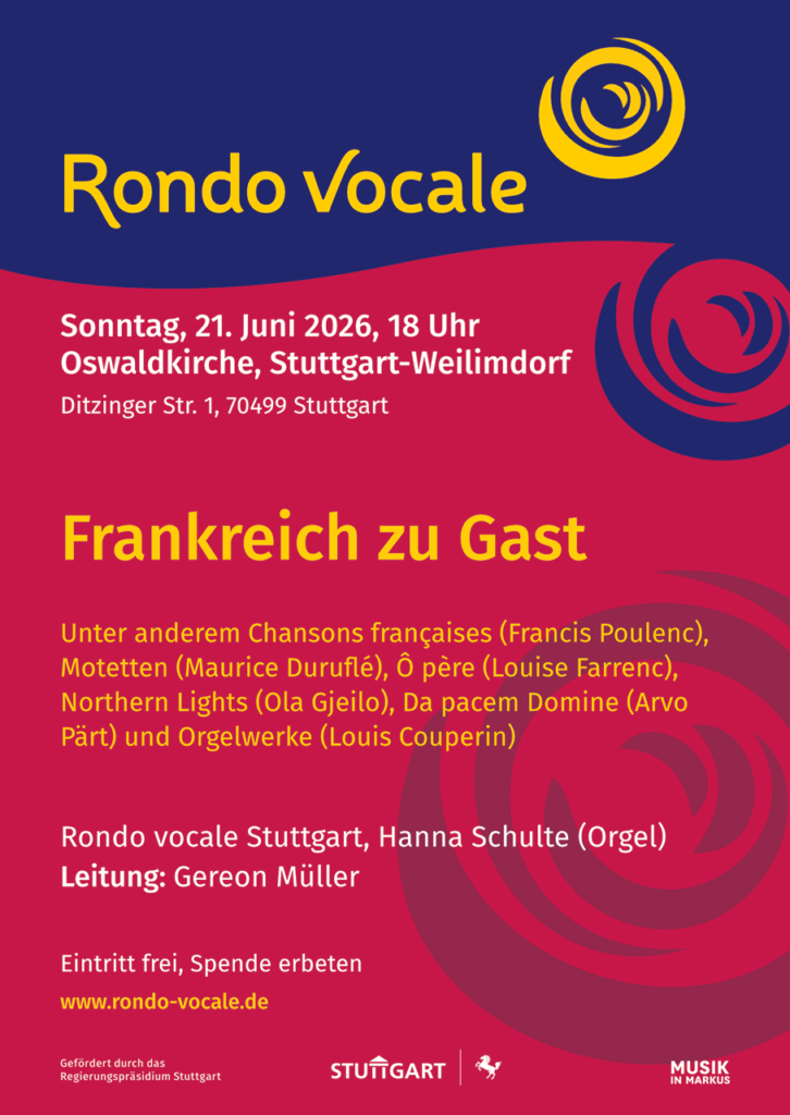 Sommerkonzert des Rondo vocale am Sonntag, 21. Juni 2026, 18 Uhr, Oswaldkirche Stuttgart-Weilimdorf, Ditzinger Str. 1
